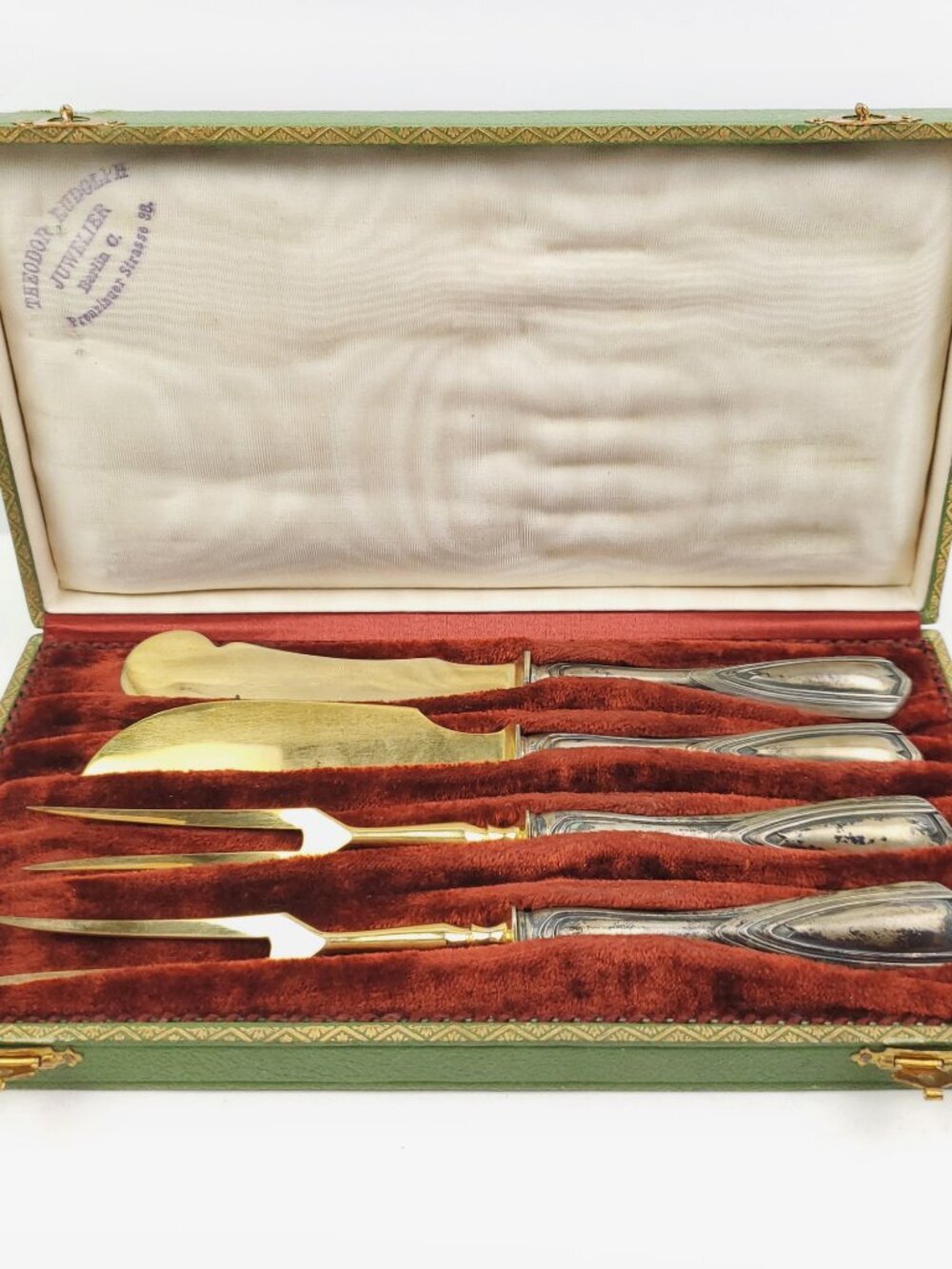 Antique Jugendstil 4 Piece German Serving Set Silver 800 Vermeil Berlin In Case